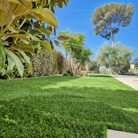 Gazon synthétique dans un jardin vu de près