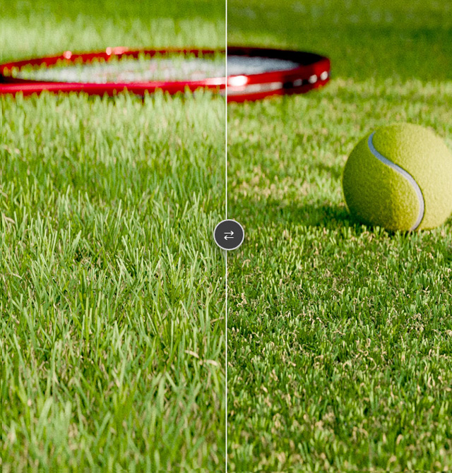 Comparateur de gazon artificiel avec une raquette et une balle de tennis