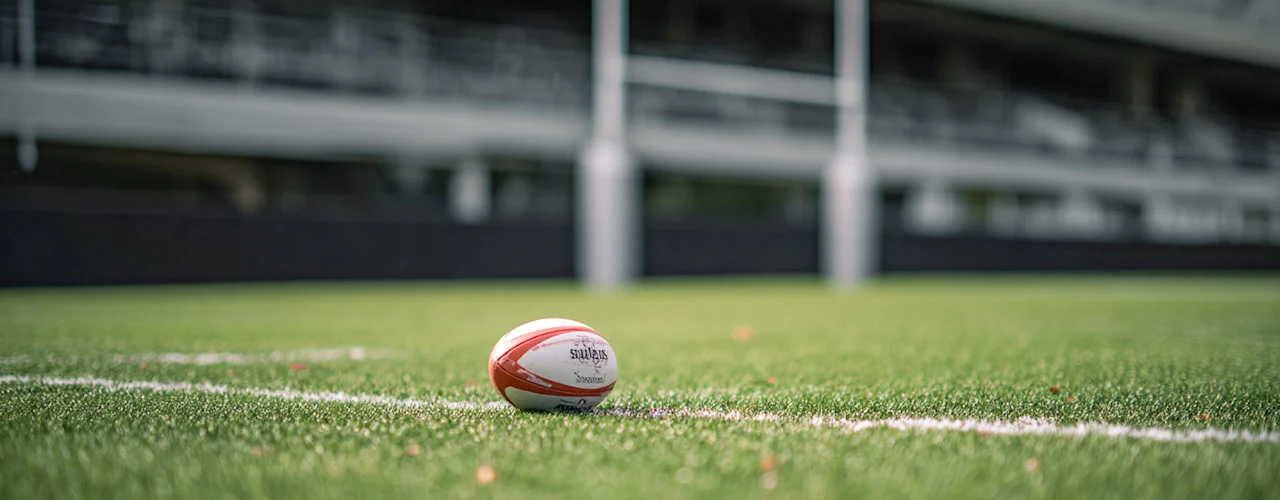 Ballon de rugby posé sur un terrain en gazon artificiel sportif