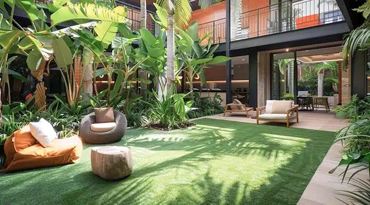 Gazon synthétique pour hôtels et restaurants 1 Pelouse synthétique dans une cour à l'intérieur d'un hôtel