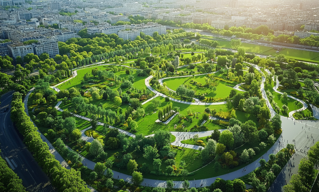 Pelouse synthétique dans parc urbain très fréquenté