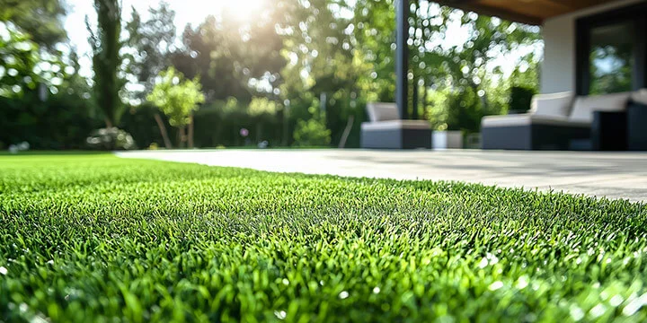 Quel est le prix de la pose d'une pelouse synthétique ? 2 jardin gazon synthétique vu près du sol