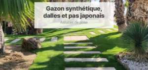 Illustration : Installer un gazon synthétique autour de dalles et pas japonais