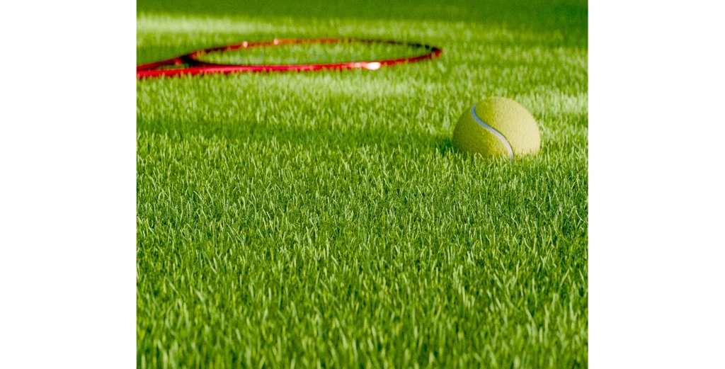 Gazon artificiel Saturno 50 installé avec une raquette et une balle de Tennis