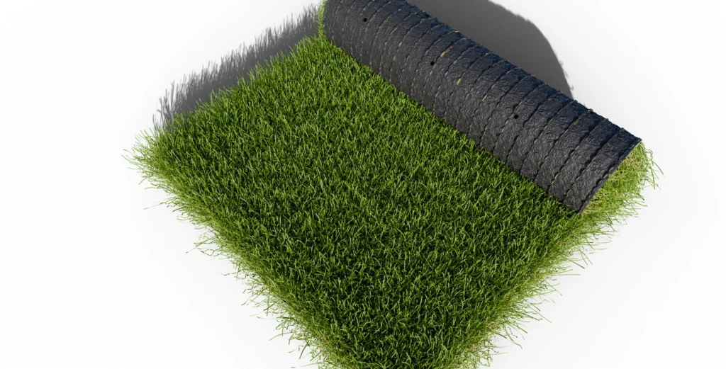 Pelouse artificielle Saturno 50 mm enroulée - vue de dessus : fibres et dossier